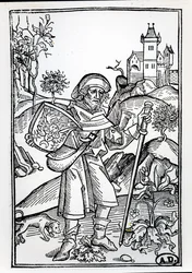 Der Pilger mit seinem Hund vor einem Schloss, Frontispiz-Illustration des zweiten Teils der Opera von Johannes Gerson, veröffentlicht in Basel, 1489